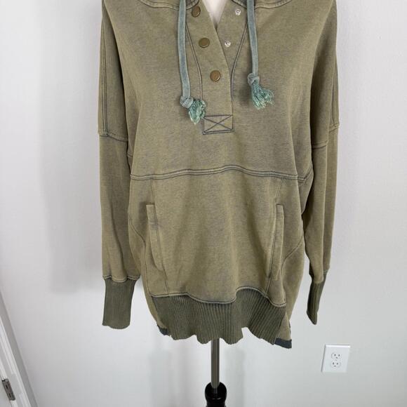 Oli & Hali Women's Washed Knit Henley Pullover Hoodie Olive Green Small Boho - Picture 3 of 7